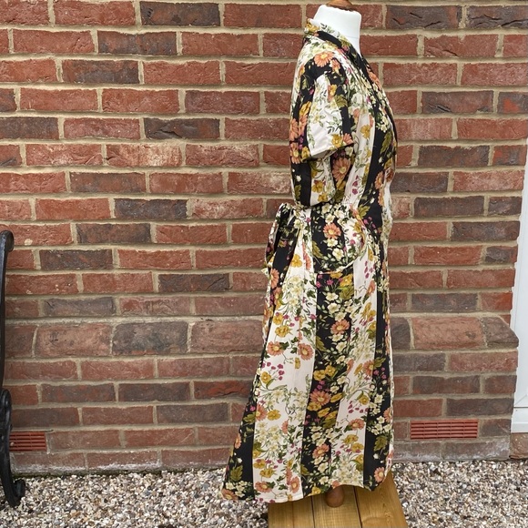 MNG Size L Floral Print Vintage Look Midi Maxi Dress Stripe Button Up Waist Belt - Picture 4 of 11